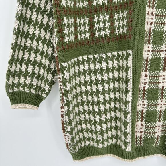 VINTAGE Dana Scott Sweater Womens Small Green Brown Patchwork Knit Made USA 90s - Picture 3 of 8
